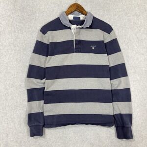 Gant Rugby Polo Mens Large Navy Blue Gray Stripe Long Sleeve Rugger Nautical